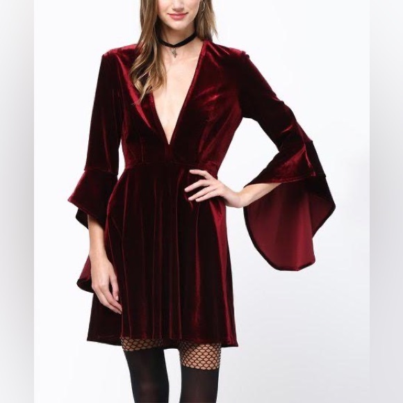 NWOT Red Velvet Flowy Bell Sleeve Deep V Neck Dress - Picture 3 of 12